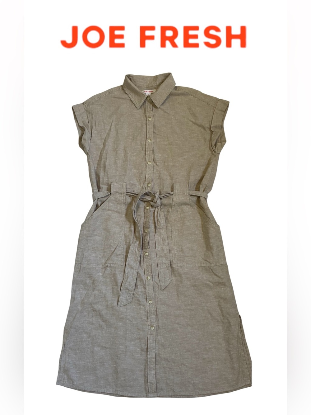 LINEN COTTON SHIRT DRESS MIDI JOE FRESH BEIGE